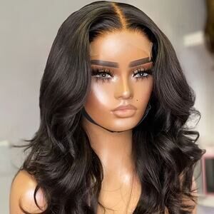 Short Black Wavy Synthetic Lace Front Wigs 10% Human Free Part Glueless Wig